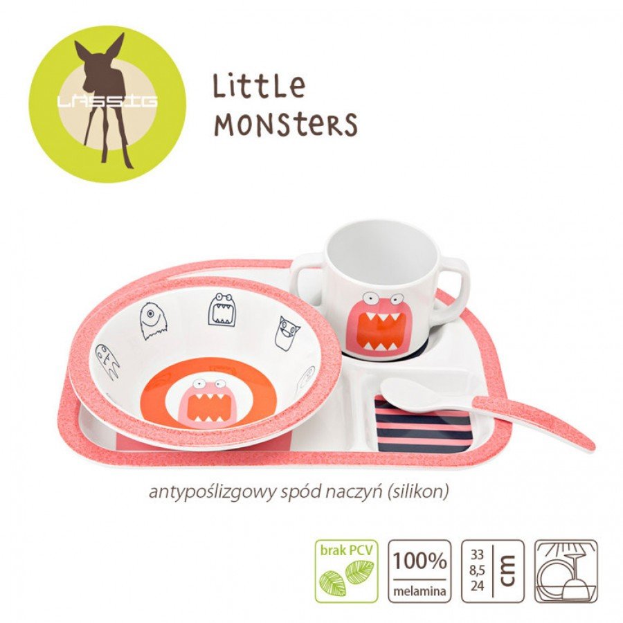 Lassig - Komplet naczyń z Melaminy Little Monster Koral  - Esy Floresy 