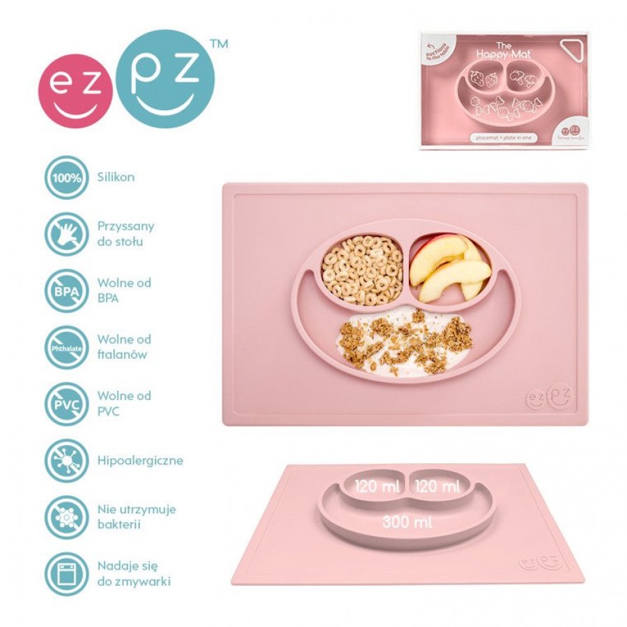 EZPZ - Silikonowy talerzyk z podkładką 2w1 Happy Mat pastelowy róż. - Esy Floresy 