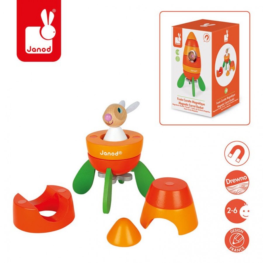 Janod - Rakieta drewniana magnetyczna marchewka z Królikiem - Esy Floresy 