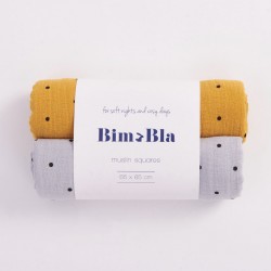 Bim Bla - Zestaw pieluszek muślinowych w kropeczki Szaro-Musztardowy  | Esy Floresy